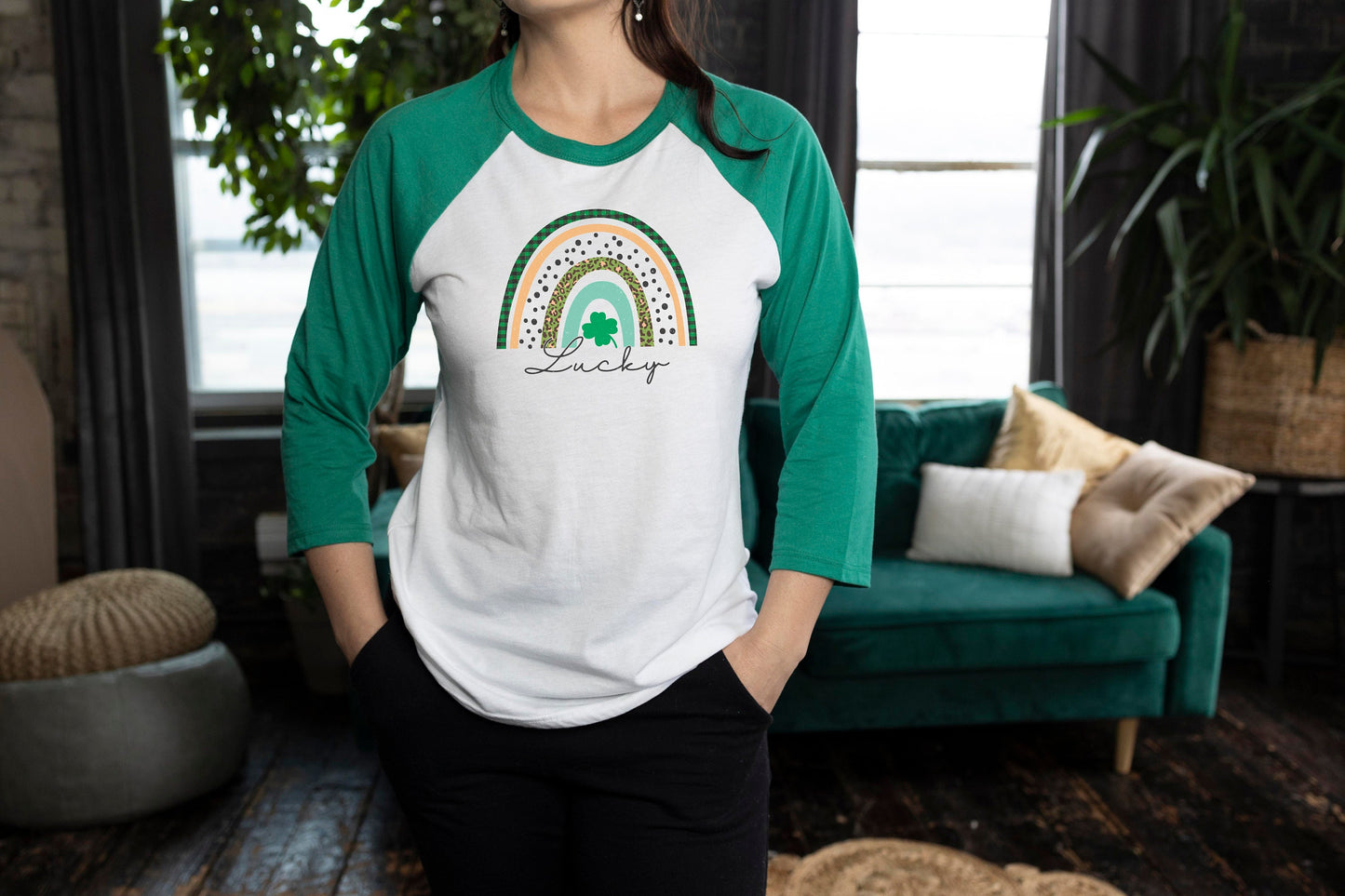 St Patrick's Day Lucky Boho Rainbow 3/4 Sleeve Unisex Baseball T Shirt St Patty's Day