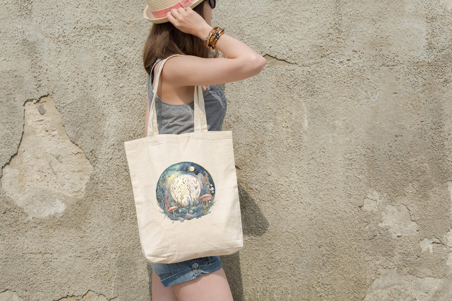 Huge Mushroom Moon Toadstools Night Canvas Tote Grocery Bag Shopping Bag Reusable Bag