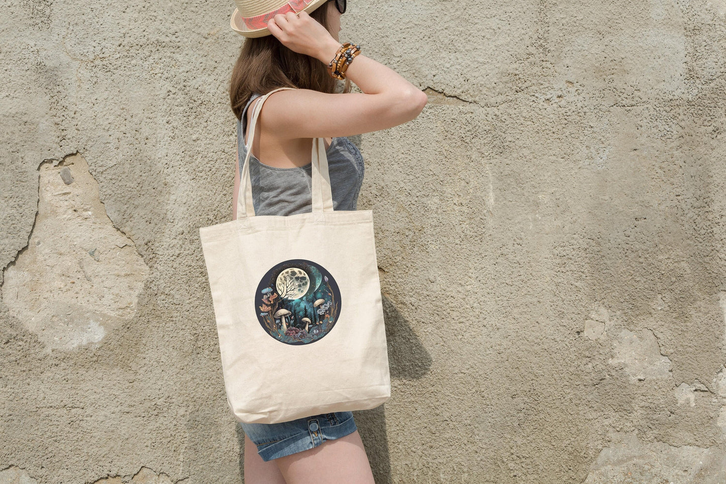 Mushroom Moon Night Canvas Tote Grocery Bag Shopping Bag Reusable Bag