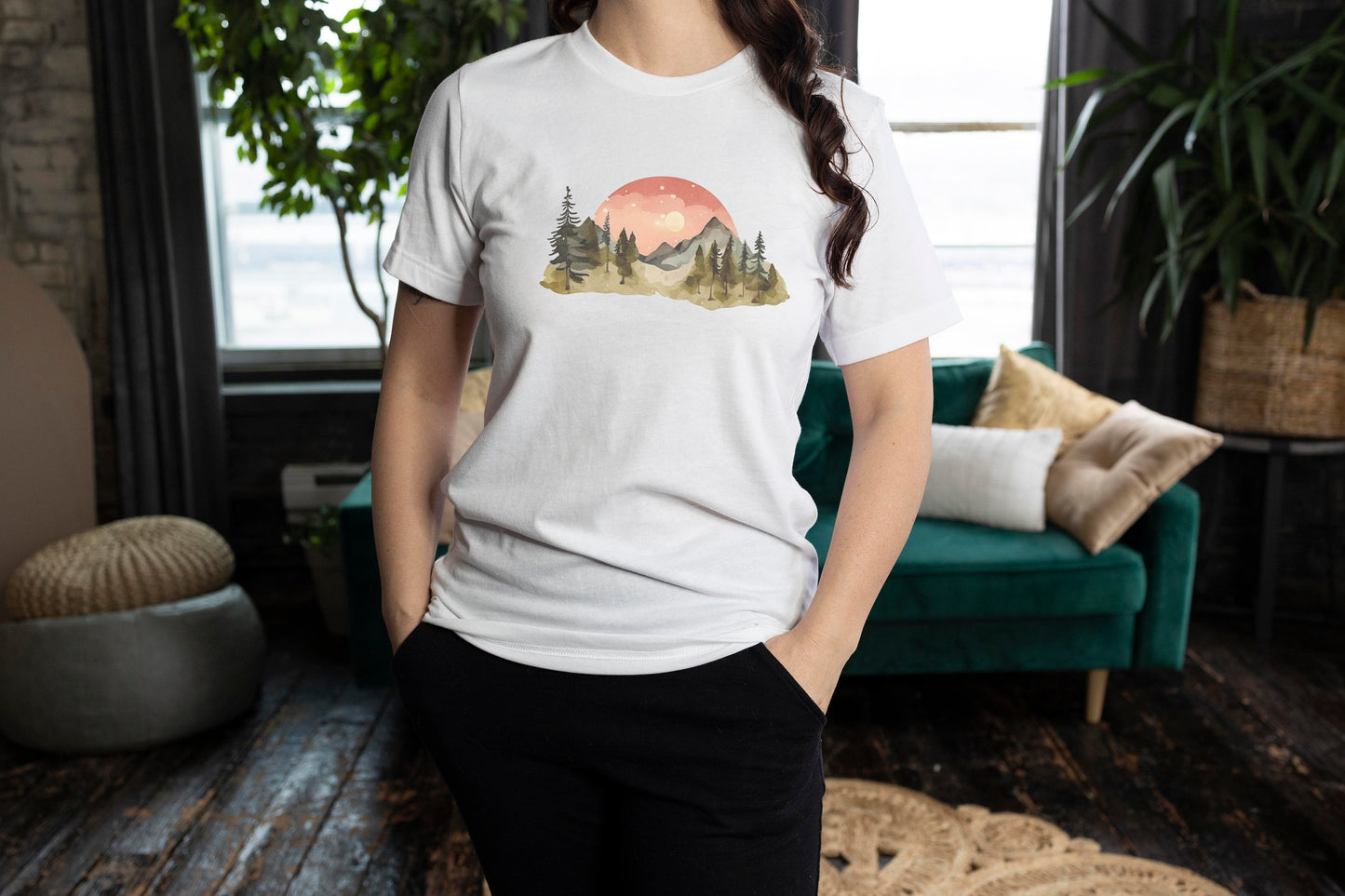 Water Color Mountain Sunset Unisex T Shirt Outdoors Shirt