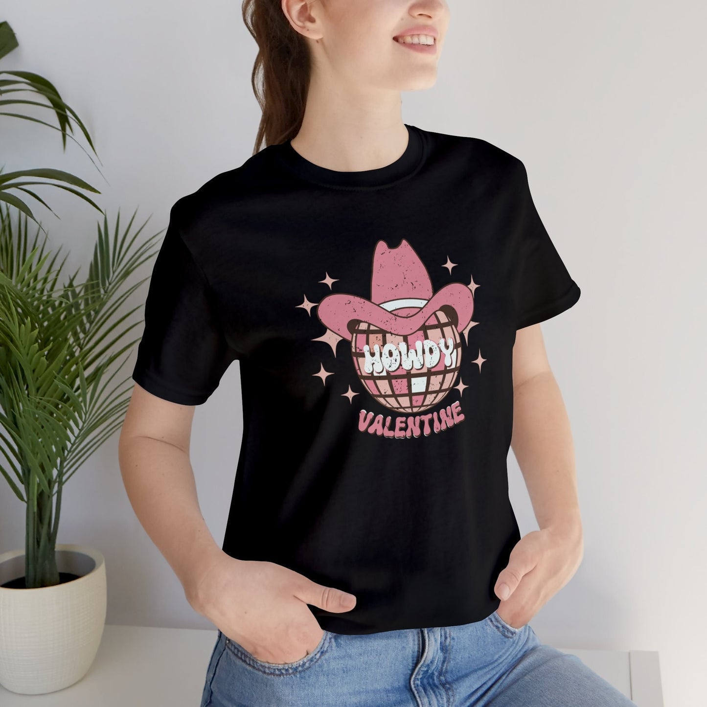 Howdy Valentine Shirt Unisex Jersey Short Sleeve Tee Valentines Shirt Retro Valentine Disco Ball Cowboy Hat Shirt