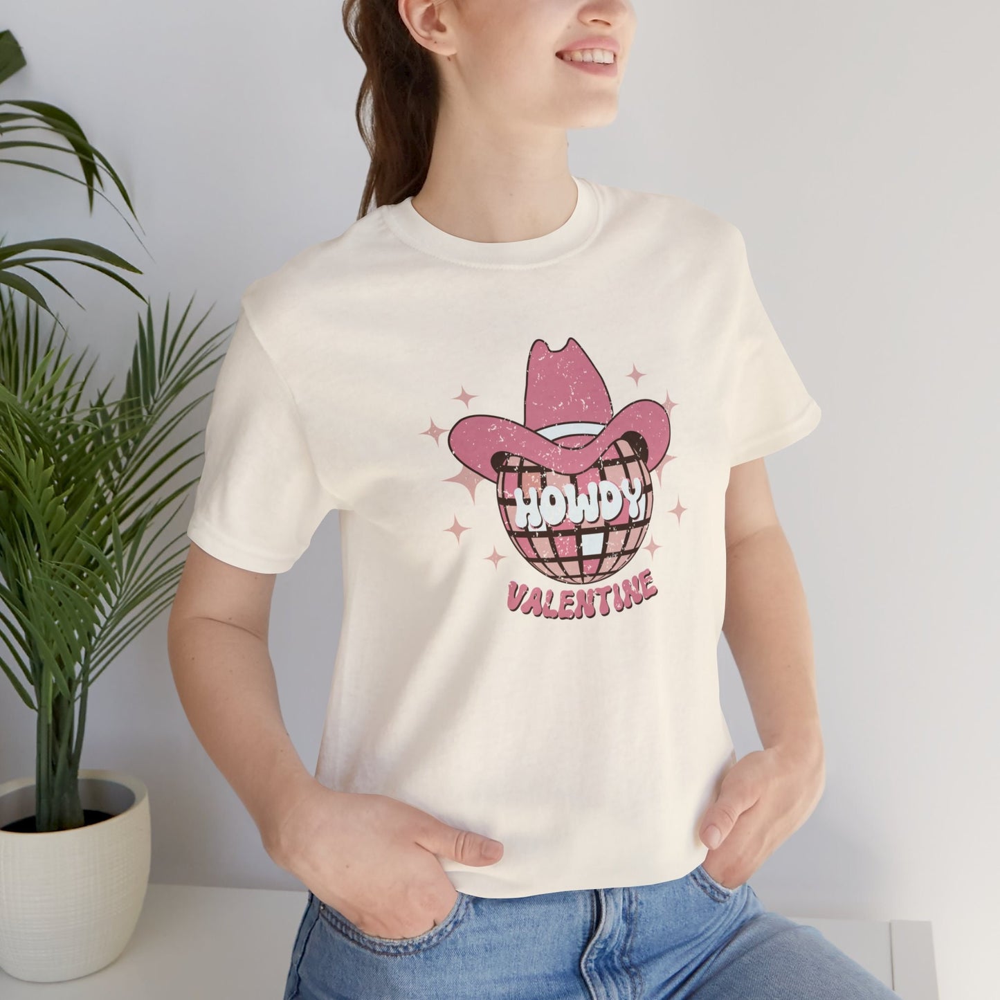 Howdy Valentine Shirt Unisex Jersey Short Sleeve Tee Valentines Shirt Retro Valentine Disco Ball Cowboy Hat Shirt